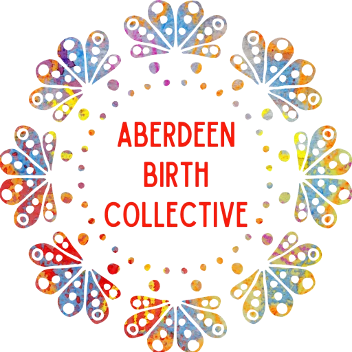 Aberdeen Birth Collective logo with letters in red and multicoloured dots and floral patterns around it